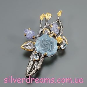 Брошь серебро натуральный аквамарин топаз танзанит