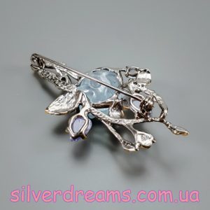 Брошь серебро природный аквамарин и танзанит