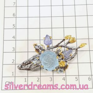 Брошь серебро природный аквамарин и танзанит