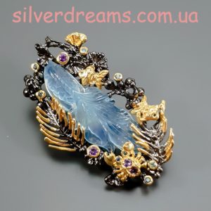 Брошь серебро натуральный аквамарин