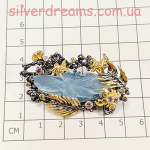 Брошь серебро природный аквамарин