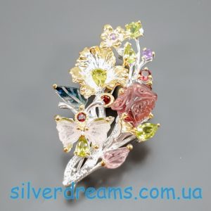 Брошь серебро натуральный турмалин