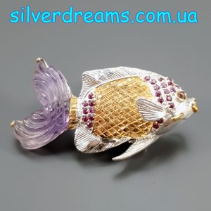 Кулон/брошь серебро природный аметист и родолит