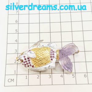 Alternative view of HANDMADE! Серебряная брошь/кулон Рыбка с резным аметистом и родолитами