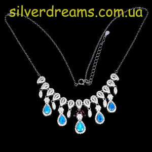 Колье серебро натуральный голубой опал