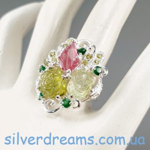 Кольцо серебро природный турмалин + оникс + хризолит