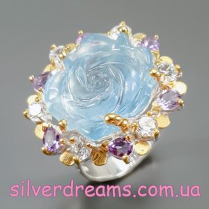 Кольцо серебро природный аквамарин и аметист
