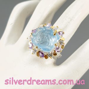 Перстень серебро натуральный аквамарин и аметист