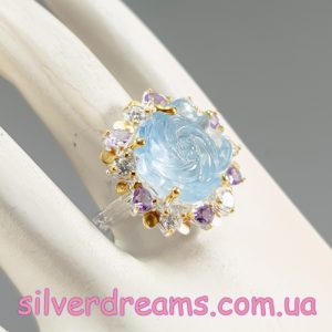 Перстень серебро натуральный аквамарин и аметист