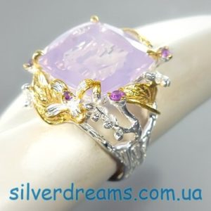 Кольцо серебро природный лавандовый кварц и аметист