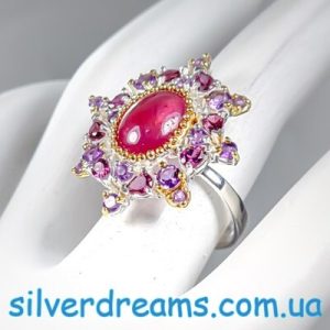 Перстень серебро натуральный рубин аметист родолит