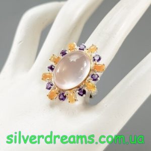 Перстень серебро натуральный розовый кварц + опал + аметист