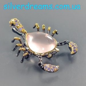 Кулон/брошь серебро природный розовый кварц