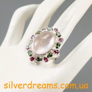 Перстень серебро натуральный розовый кварц + турмалин + родолит