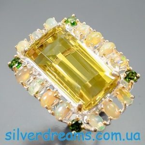 Перстень серебро натуральный лимонный кварц + опал + диопсид
