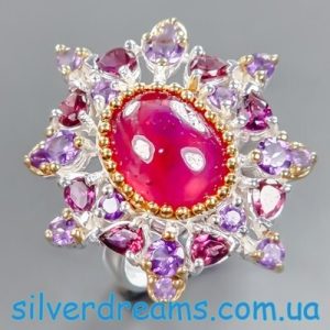 Кольцо серебро природный рубин аметист родолит