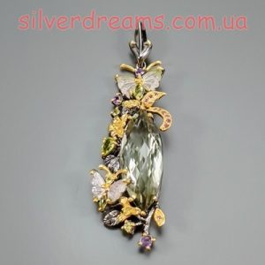 Кулон серебро природный празиолит + турмалин + хризолит + родолит