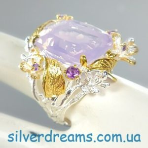 Кольцо серебро природный лавандовый кварц и аметист