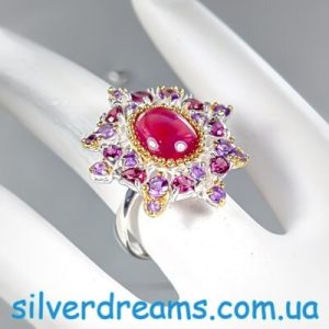 Перстень серебро натуральный рубин аметист родолит