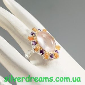 Кольцо серебро природный розовый кварц + опал + аметист