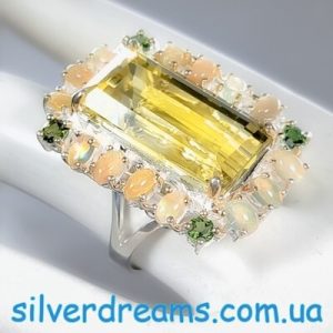 Перстень серебро натуральный лимонный кварц + опал + диопсид