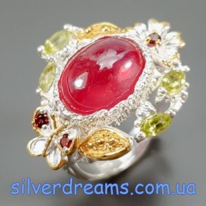 Кольцо серебро природный рубин хризолит родолит