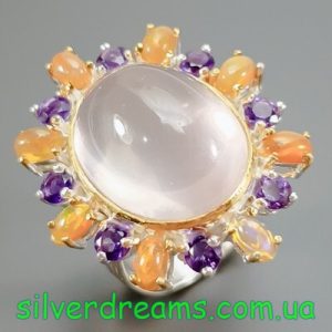 Кольцо серебро природный розовый кварц + опал + аметист