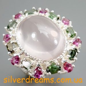 Кольцо серебро природный розовый кварц + турмалин + родолит