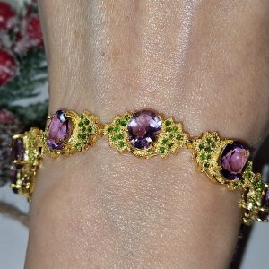 Браслет серебро природный аметист + хромдиопсид