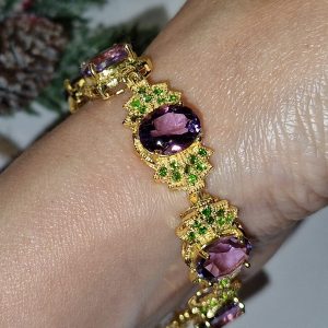 Браслет серебро природный аметист + хромдиопсид