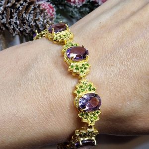 Браслет серебро натуральный аметист + хромдиопсид