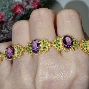 Браслет серебро природный аметист + хромдиопсид