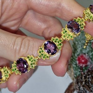 Браслет серебро натуральный аметист + хромдиопсид