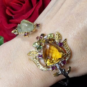 Браслет серебро природный цитрин + пренит + мульти