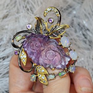 Брошь серебро природный аметист + опал