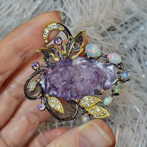 Брошь серебро натуральный аметист + опал