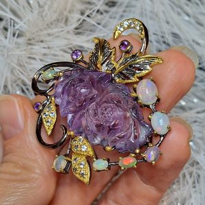 Брошь серебро природный аметист + опал