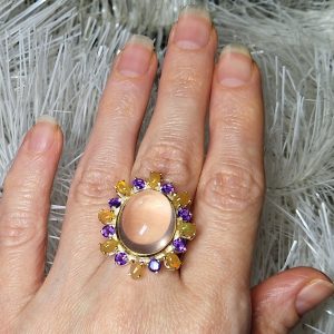 Перстень серебро натуральный розовый кварц + опал + аметист