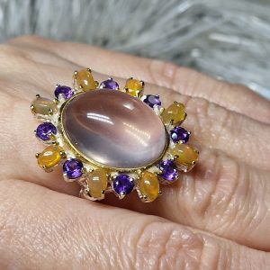 Кольцо серебро природный розовый кварц + опал + аметист