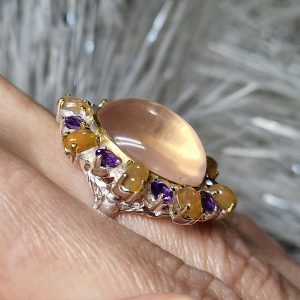 Перстень серебро натуральный розовый кварц + опал + аметист