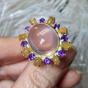 Кольцо серебро природный розовый кварц + опал + аметист