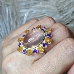 Перстень серебро натуральный розовый кварц + опал + аметист
