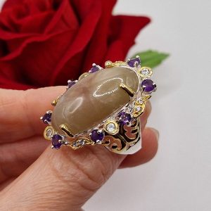 Кольцо серебро природный золотистый сапфир + аметист + топаз