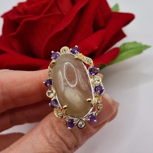 Перстень серебро натуральный жёлтый сапфир + аметист + топаз