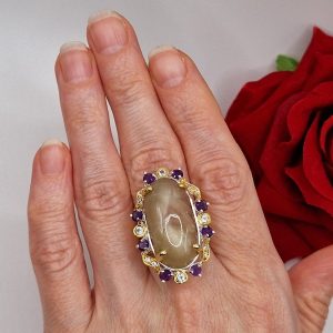 Кольцо серебро природный жёлтый сапфир + аметист + топаз