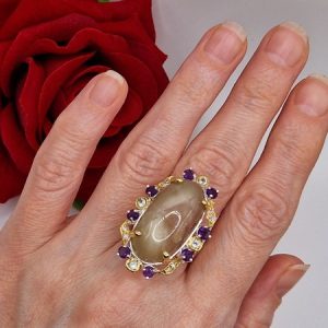 Перстень серебро натуральный жёлтый сапфир + аметист + топаз