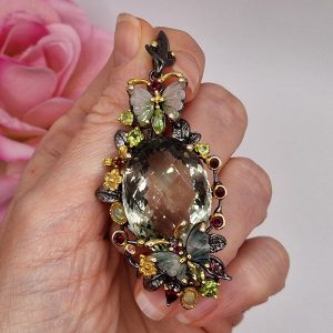 Кулон серебро природный зелёный аметист (празиолит) + турмалин + опал + хризолит