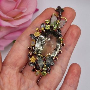 Подвес серебро натуральный празиолит (зелёный аметист) + турмалин + опал + хризолит