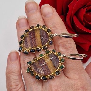 Серьги серебро природный флюорит + радужный чёрный опал