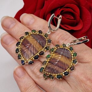 Серьги серебро натуральный флюорит + радужный чёрный опал